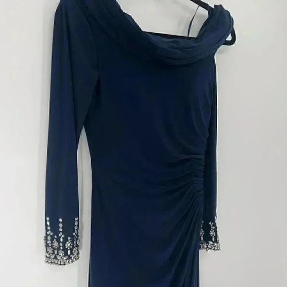 Mac Duggal Maxi Long Gown 4 Navy Beaded Off Shoulder Faux Wrap Wedding Gala - Picture 5 of 16